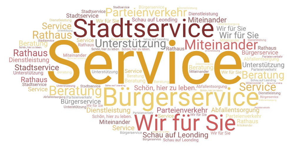 Wörterwolke in rot-gelb-orange-grau zum Thema Service