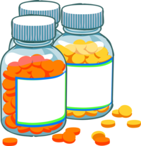 3 Pillendosen, 1 mit gelben Pillen und 1 mit orangen Pillen gefüllt