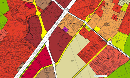 Flächenwidmungsplan mit roten, dunkelroten, gelben, weißen und grünen Flächen