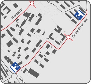 Kartenansicht von der Lage der Sperre an der„Georg-Erber-Straße“ (beidseitige Parkmöglichkeit beim Kindergarten).